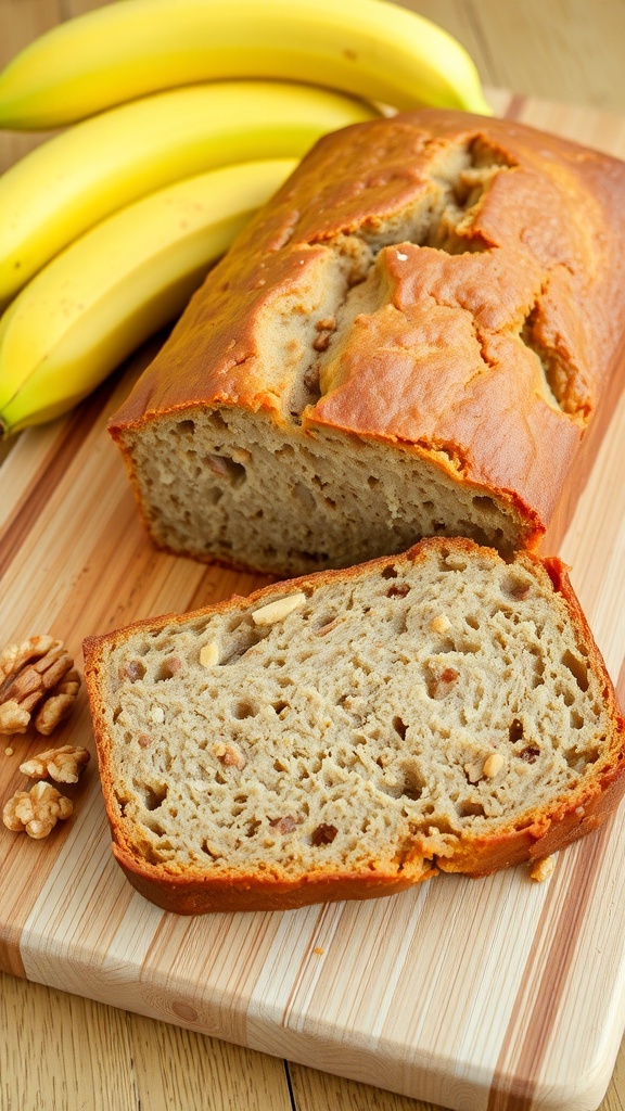 A loaf of banana bread sliced on a cutting board with ripe bananas and walnuts.